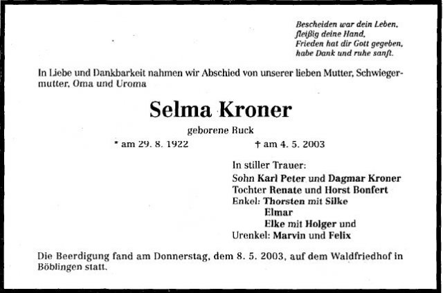 Ruck Selma 1922-2003 Todesanzeige